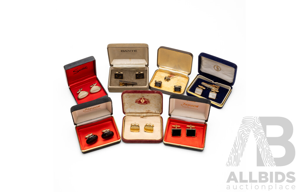 Collection of Vintage Cufflinks (7) Pairs Including Centurion Intaglio Set with Tie Pin