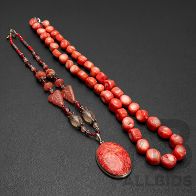 Vintage (2) Red Coral & Natural Gemstone Beaded Statement Necklaces