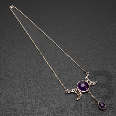 Sterling Silver Amethyst Triple Moon Goddess Necklace, 45cm, 10.69 Grams