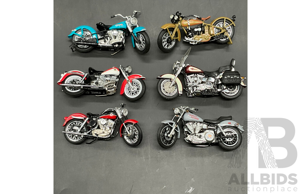 Large Collection of Motorcycles Models, Including Die-Cast FMPM 1986 HARLEY-DAVIDSON, Wooden Chopper Toy and Others - Lot of 14