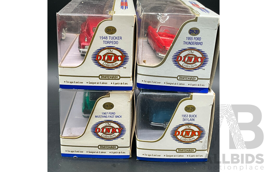 MATCHBOX DINKY 1:43 Scale Model Cars, Including 1948 Tucker Torpedo (DY-11), 1967 Ford Mustang Fast Back (DY-16), 1955 Ford Thunderbird (DY-31) and 1953 Buick Skylark (DY-29) - Lot of 4