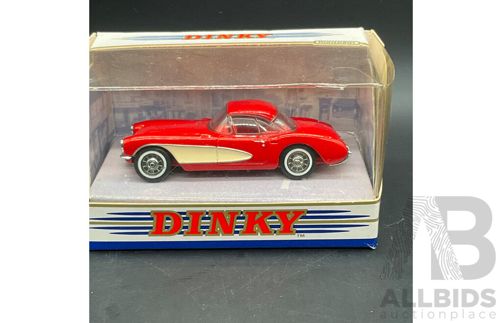 MATCHBOX DINKY 1:43 Scale Model Cars, Including 1956 Chevrolet Corvette (DY-23), Studebaker Golden Hawk (DY-26), 1959 Cadillac Coupe De Ville (DY7-8), 1957 Chevrolet Convertibla (DY-27) - Lot of 4