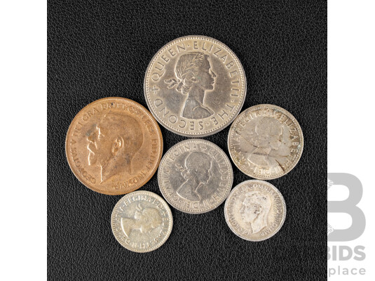 Australian 1940 and 1956 Silver Sixpence, 1954 Silver Shilling, United Kingdom 1955 One Shilling, 1921 One Penny, New Zealand 1961 Half Crown