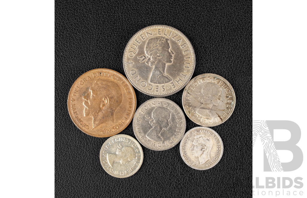 Australian 1940 and 1956 Silver Sixpence, 1954 Silver Shilling, United Kingdom 1955 One Shilling, 1921 One Penny, New Zealand 1961 Half Crown