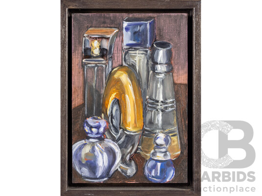 Alison Mackay (20th Century, British-Born Australian, 1966-), 'Perfume Bottles' & 'Antechinus', Lovely Pair of Oils on Marine Ply, 22H x 16W cm (frames) (2)