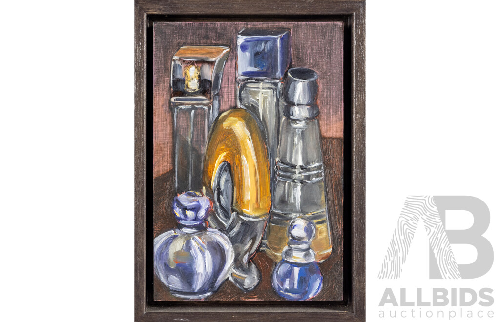 Alison Mackay (20th Century, British-Born Australian, 1966-), 'Perfume Bottles' & 'Antechinus', Lovely Pair of Oils on Marine Ply, 22H x 16W cm (frames) (2)