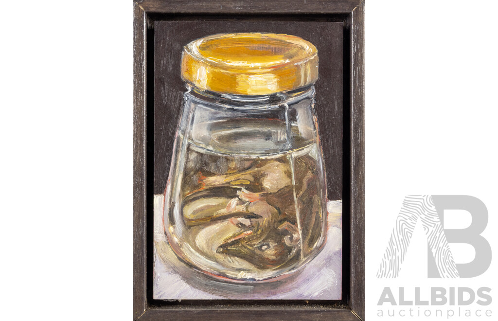 Alison Mackay (20th Century, British-Born Australian, 1966-), 'Perfume Bottles' & 'Antechinus', Lovely Pair of Oils on Marine Ply, 22H x 16W cm (frames) (2)