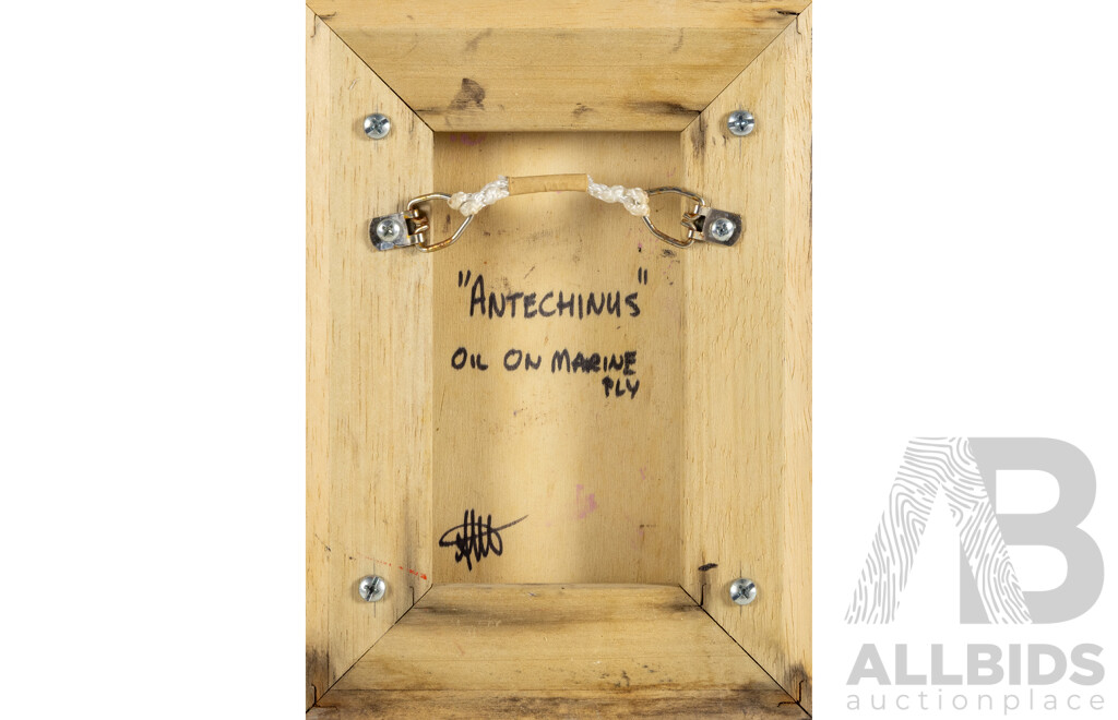 Alison Mackay (20th Century, British-Born Australian, 1966-), 'Perfume Bottles' & 'Antechinus', Lovely Pair of Oils on Marine Ply, 22H x 16W cm (frames) (2)