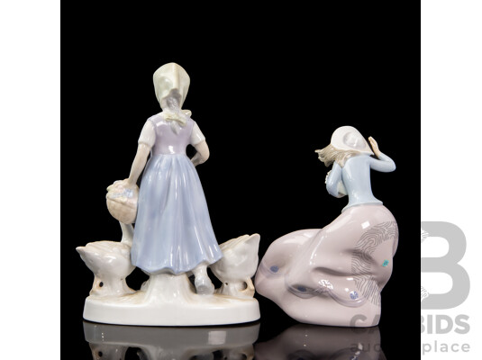 Lladró 'Blustery Day' Figure Together with a Maiden with Geese Figure
