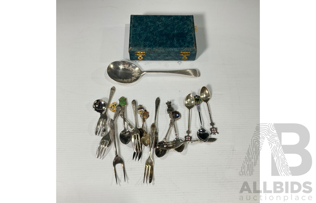 Collection of Vintage International Souvenir Spoons and Cocktail Forks Including Canadian Sterling Silver Example with Prince George Engraving, James Dixon and Sons Engraved Silver Plate Serving Spoon