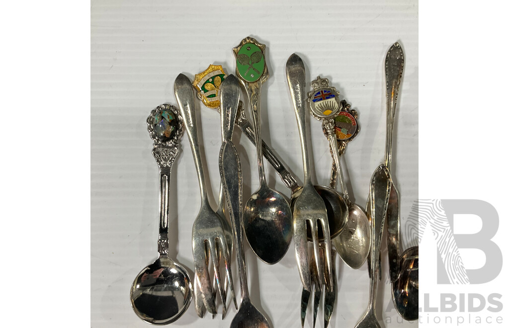 Collection of Vintage International Souvenir Spoons and Cocktail Forks Including Canadian Sterling Silver Example with Prince George Engraving, James Dixon and Sons Engraved Silver Plate Serving Spoon