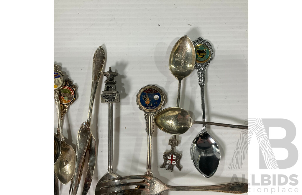 Collection of Vintage International Souvenir Spoons and Cocktail Forks Including Canadian Sterling Silver Example with Prince George Engraving, James Dixon and Sons Engraved Silver Plate Serving Spoon