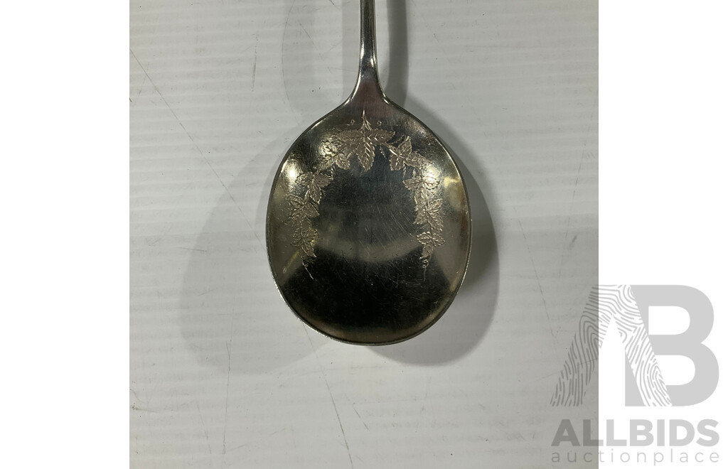 Collection of Vintage International Souvenir Spoons and Cocktail Forks Including Canadian Sterling Silver Example with Prince George Engraving, James Dixon and Sons Engraved Silver Plate Serving Spoon