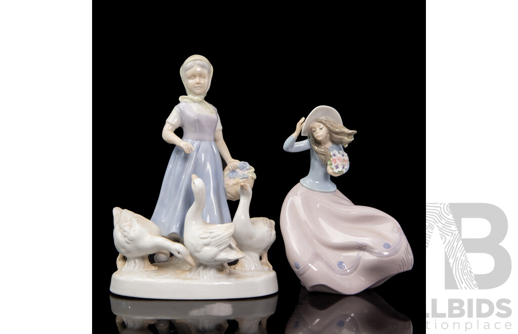 Lladró 'Blustery Day' Figure Together with a Maiden with Geese Figure