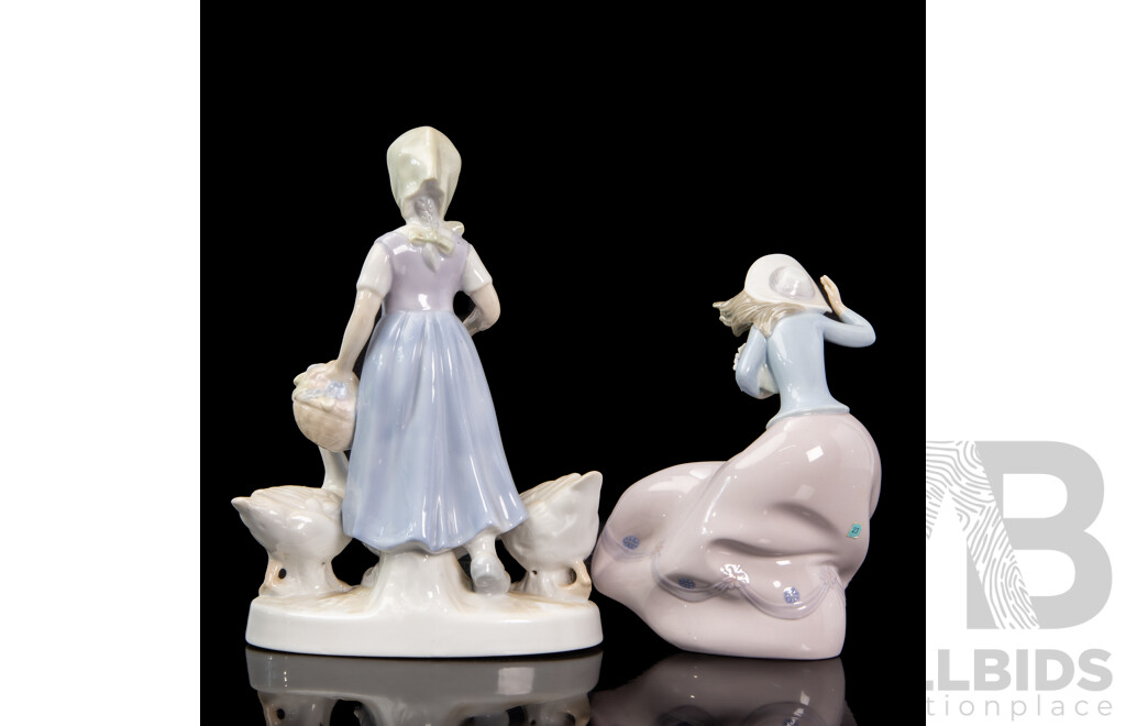 Lladró 'Blustery Day' Figure Together with a Maiden with Geese Figure