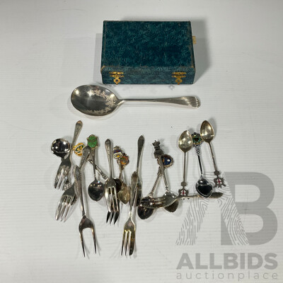 Collection of Vintage International Souvenir Spoons and Cocktail Forks Including Canadian Sterling Silver Example with Prince George Engraving, James Dixon and Sons Engraved Silver Plate Serving Spoon