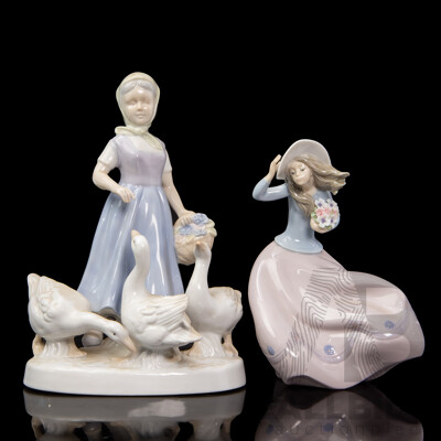 Lladró 'Blustery Day' Figure Together with a Maiden with Geese Figure