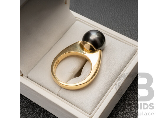 Handmade 18ct (750) Yellow Gold & Tahitian Pearl Ring with Valuation - Size O, 13.21gms