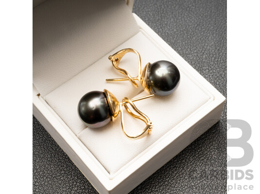 18ct (750) Yellow Gold & Tahitian Pearl Earrings with Valuation - 12.61gms