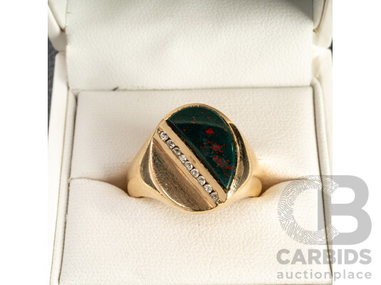 Handmade 9ct (375) Yellow Gold, Bloodstone & Diamond Men's Signet Ring with Valuation - Size R, 13.07gms