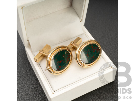 Handmade 9ct (375) Yellow Gold & Bloodstone Cufflinks with Valuation - 14.6gms