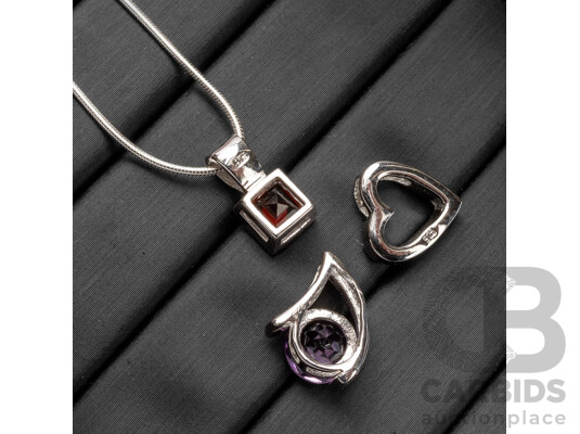 925 Sterling Silver Amethyst & Garnet Necklace & (3) Pendants