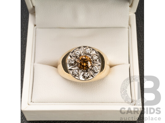 Handmade 14ct Yellow Gold Men's Signet Ring with Cognac & White Diamonds with Valuation - Size T.5, 11.44gms