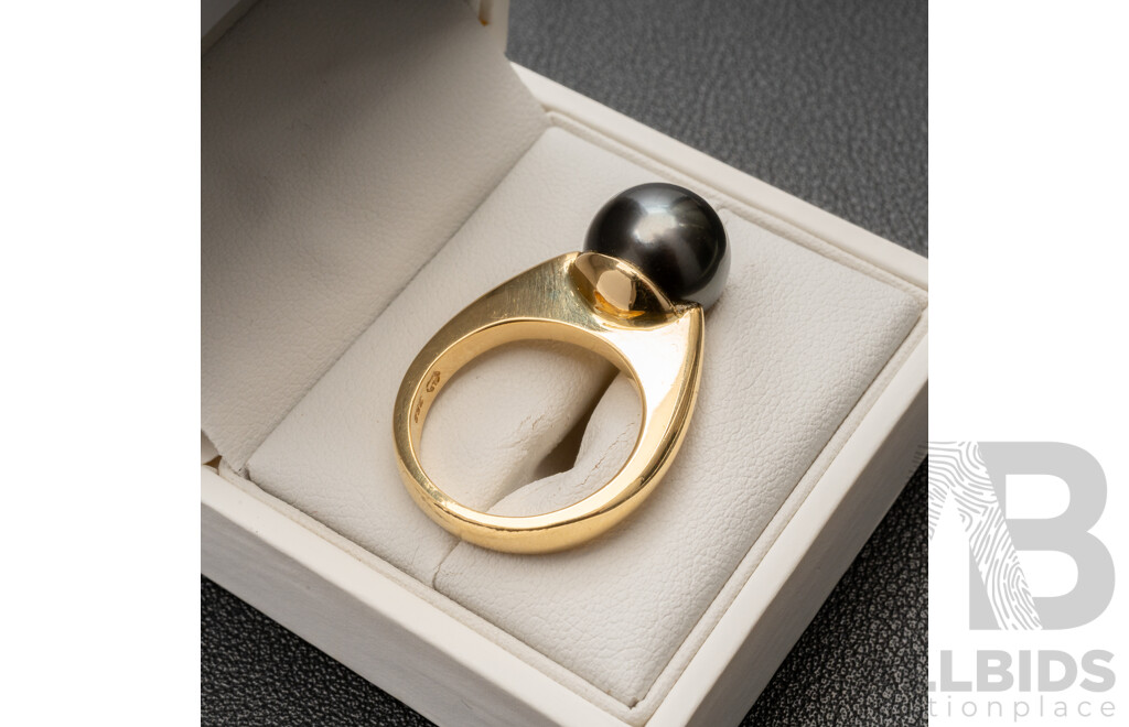 Handmade 18ct (750) Yellow Gold & Tahitian Pearl Ring with Valuation - Size O, 13.21gms