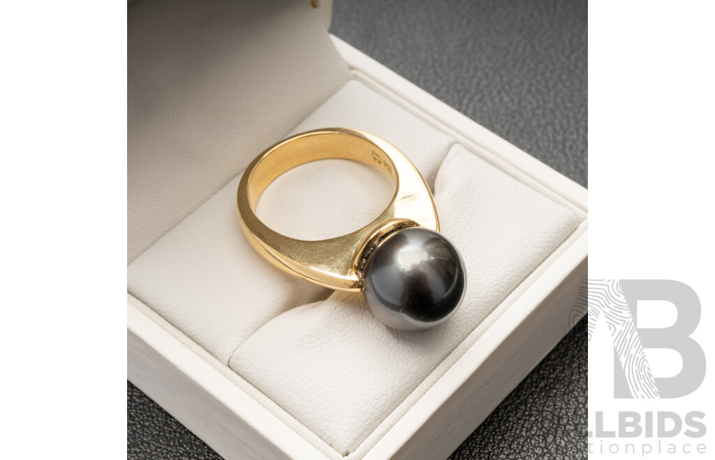 Handmade 18ct (750) Yellow Gold & Tahitian Pearl Ring with Valuation - Size O, 13.21gms