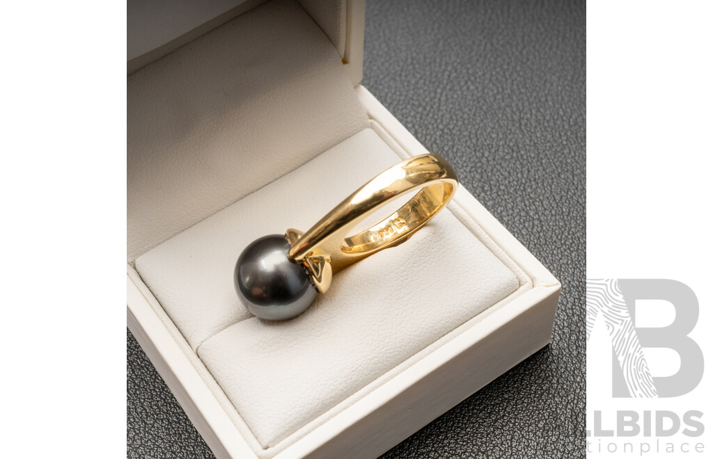 Handmade 18ct (750) Yellow Gold & Tahitian Pearl Ring with Valuation - Size O, 13.21gms