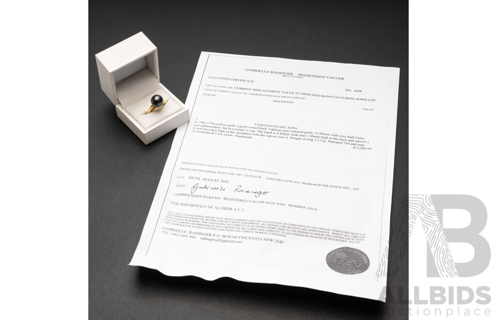 Handmade 18ct (750) Yellow Gold & Tahitian Pearl Ring with Valuation - Size O, 13.21gms