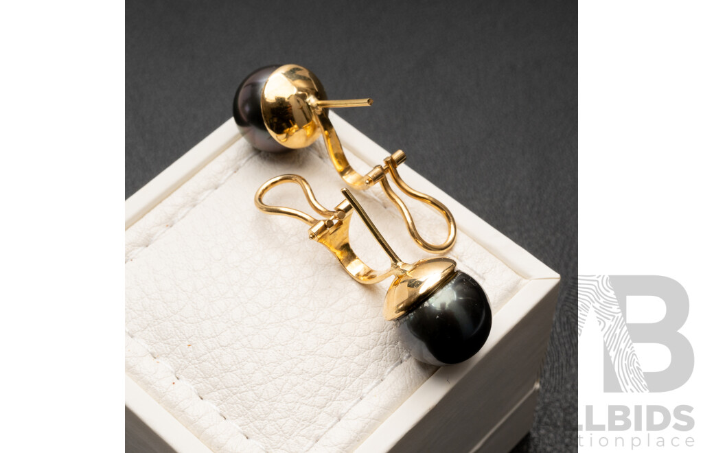 18ct (750) Yellow Gold & Tahitian Pearl Earrings with Valuation - 12.61gms