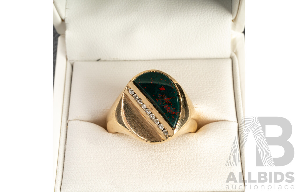 Handmade 9ct (375) Yellow Gold, Bloodstone & Diamond Men's Signet Ring with Valuation - Size R, 13.07gms