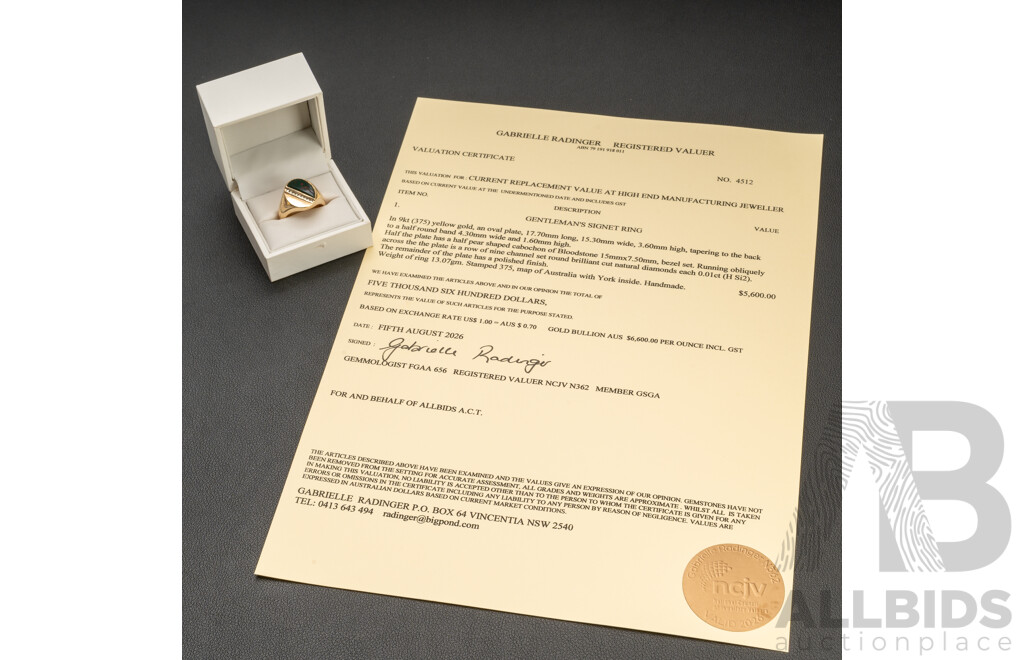 Handmade 9ct (375) Yellow Gold, Bloodstone & Diamond Men's Signet Ring with Valuation - Size R, 13.07gms