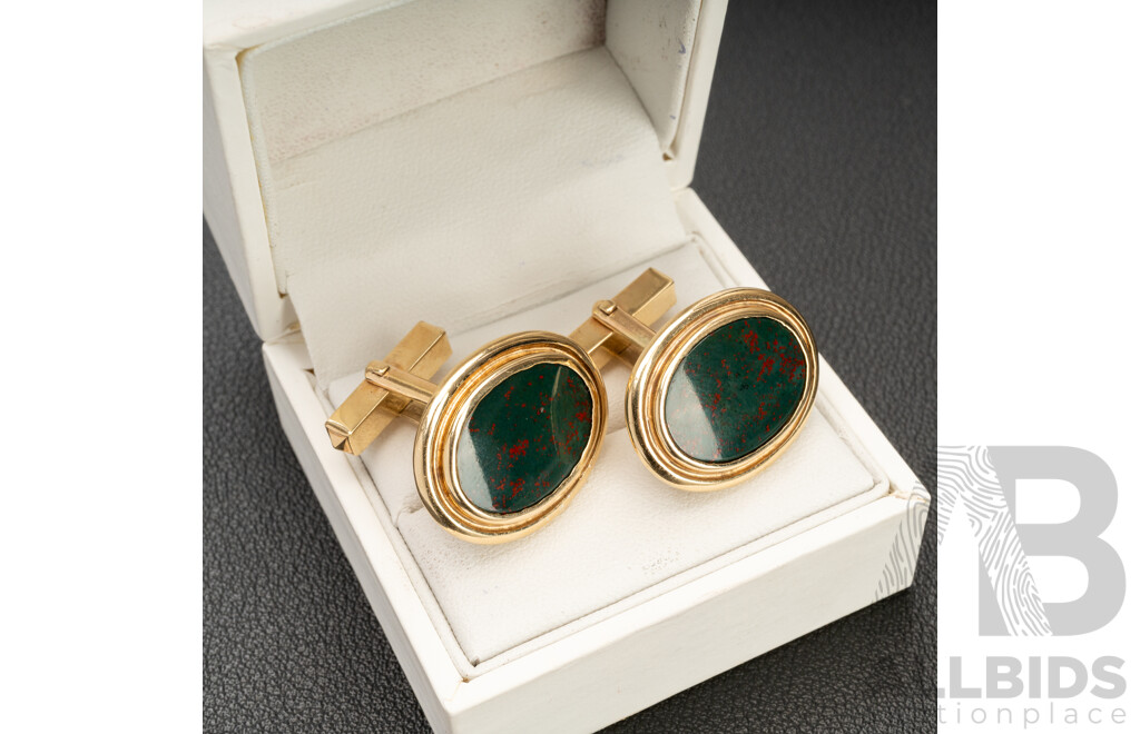 Handmade 9ct (375) Yellow Gold & Bloodstone Cufflinks with Valuation - 14.6gms