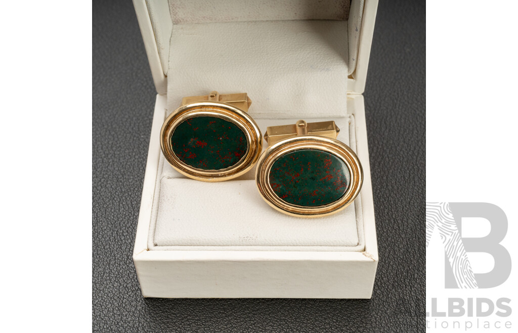 Handmade 9ct (375) Yellow Gold & Bloodstone Cufflinks with Valuation - 14.6gms
