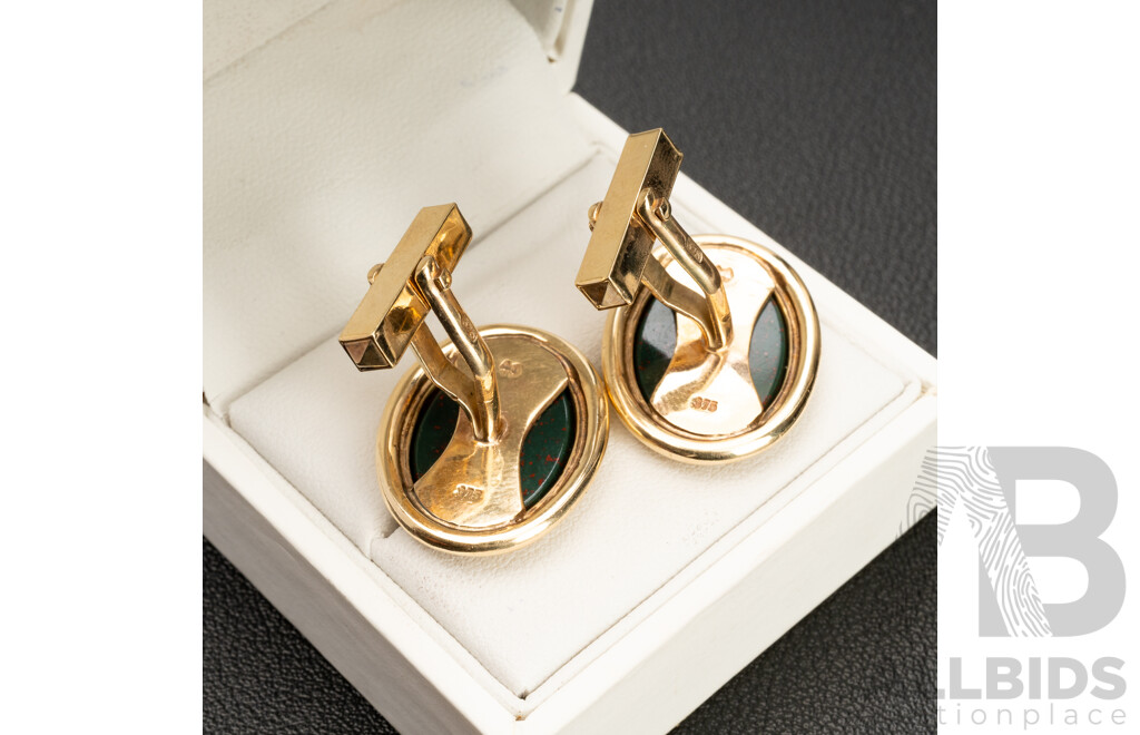 Handmade 9ct (375) Yellow Gold & Bloodstone Cufflinks with Valuation - 14.6gms