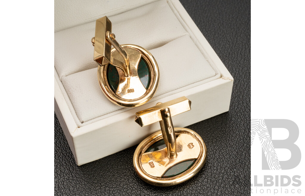 Handmade 9ct (375) Yellow Gold & Bloodstone Cufflinks with Valuation - 14.6gms