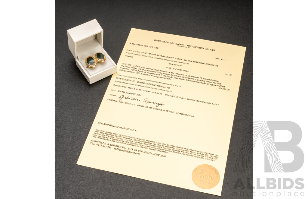 Handmade 9ct (375) Yellow Gold & Bloodstone Cufflinks with Valuation - 14.6gms