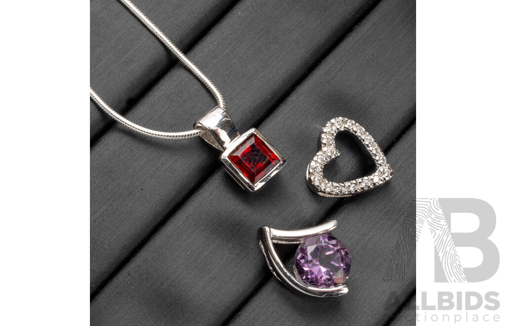 925 Sterling Silver Amethyst & Garnet Necklace & (3) Pendants