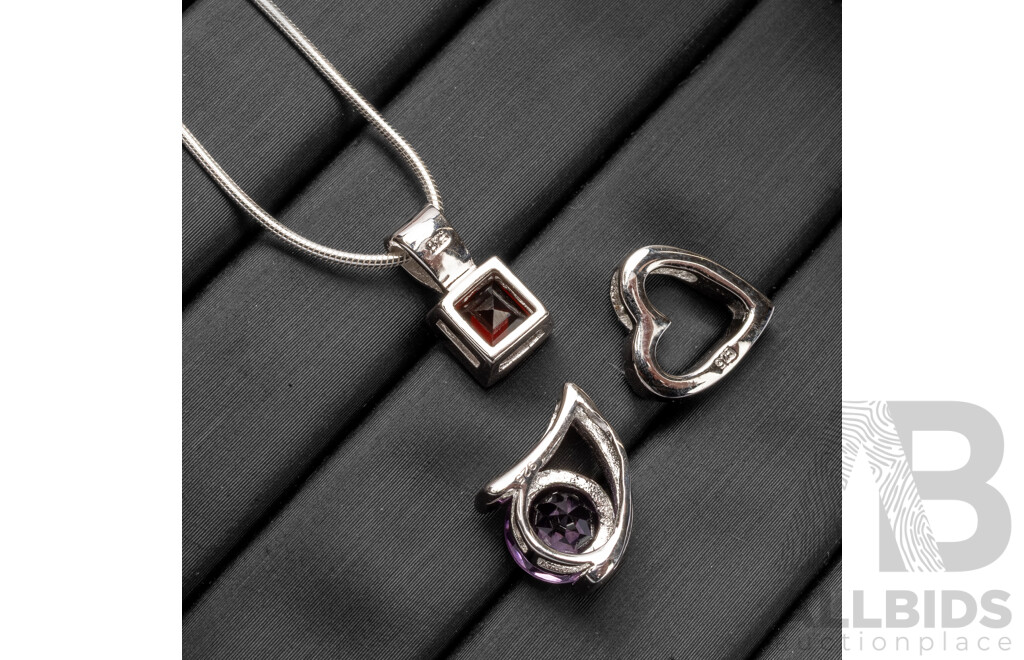 925 Sterling Silver Amethyst & Garnet Necklace & (3) Pendants