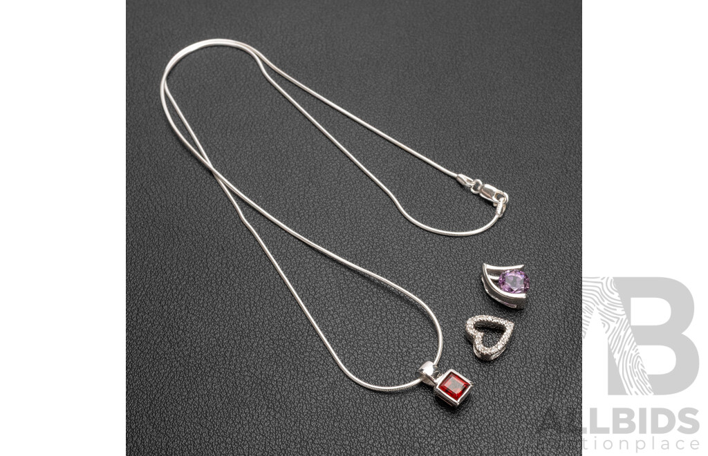 925 Sterling Silver Amethyst & Garnet Necklace & (3) Pendants