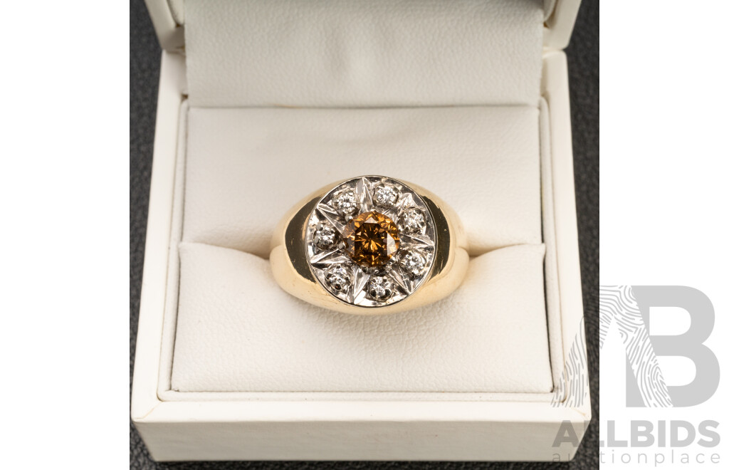 Handmade 14ct Yellow Gold Men's Signet Ring with Cognac & White Diamonds with Valuation - Size T.5, 11.44gms