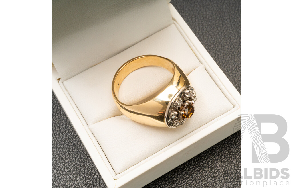 Handmade 14ct Yellow Gold Men's Signet Ring with Cognac & White Diamonds with Valuation - Size T.5, 11.44gms