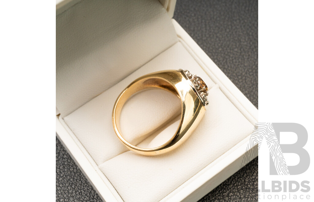 Handmade 14ct Yellow Gold Men's Signet Ring with Cognac & White Diamonds with Valuation - Size T.5, 11.44gms
