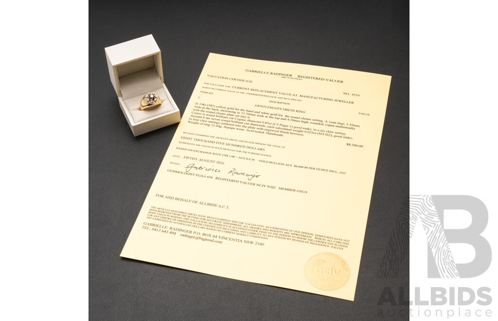Handmade 14ct Yellow Gold Men's Signet Ring with Cognac & White Diamonds with Valuation - Size T.5, 11.44gms