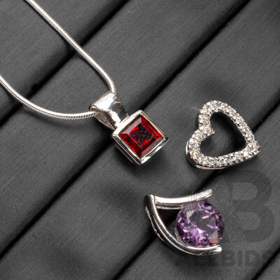 925 Sterling Silver Amethyst & Garnet Necklace & (3) Pendants