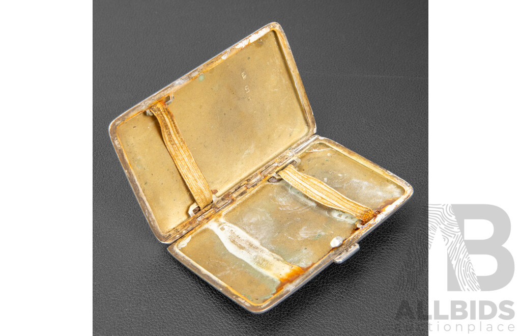 Vintage Silver Cigarette Case with Blue Enamel and Engraved Border .900
