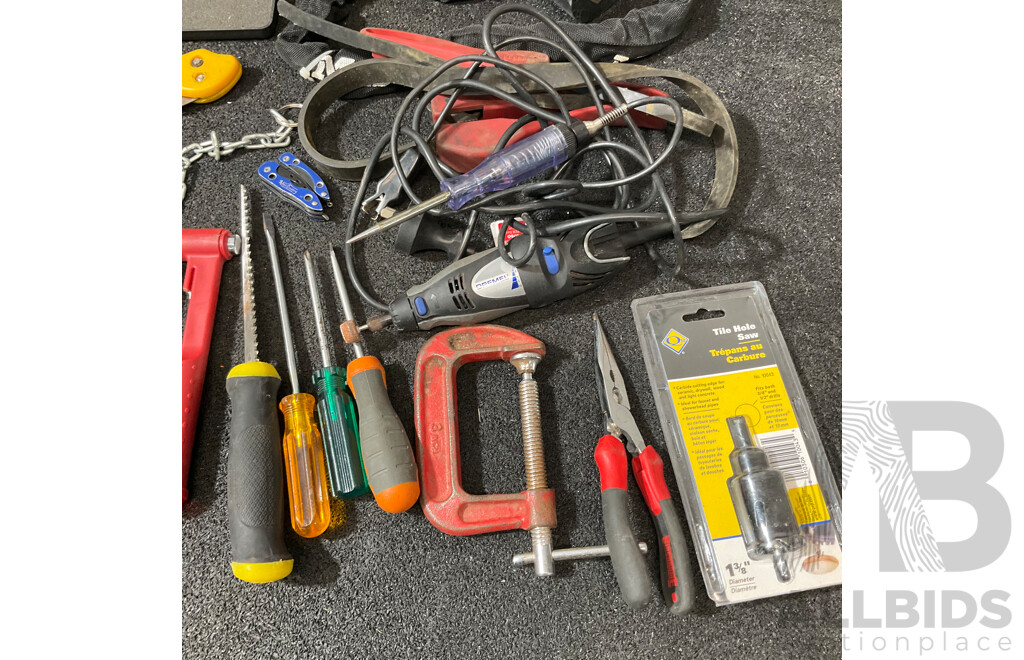 Assorted Household, Automotive and Electrical Tools, Including DREMEL (Model 300) Rotary Multi Tool, DEWALT Socket Set and Others