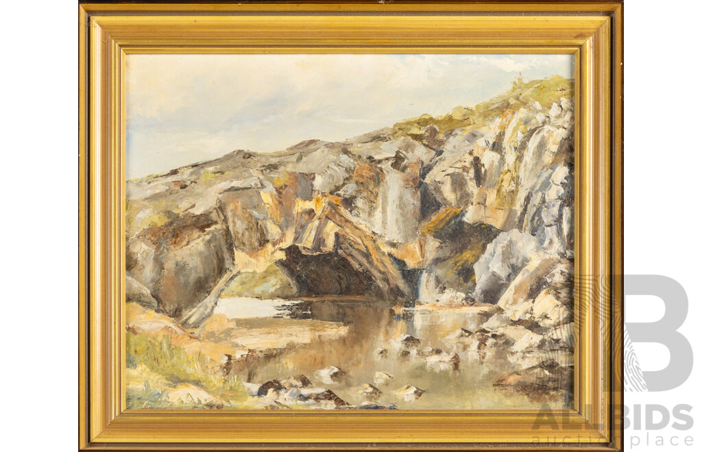 Margaret Hunter (20th Century, Australian, 1942-), London Bridge Arch, Googong Foreshores, Original Oil on Masonite, 37H x 45W cm  & Along a Road To, Oil on Canvas Board, 36 H X 44 W Cm (frames) (2)